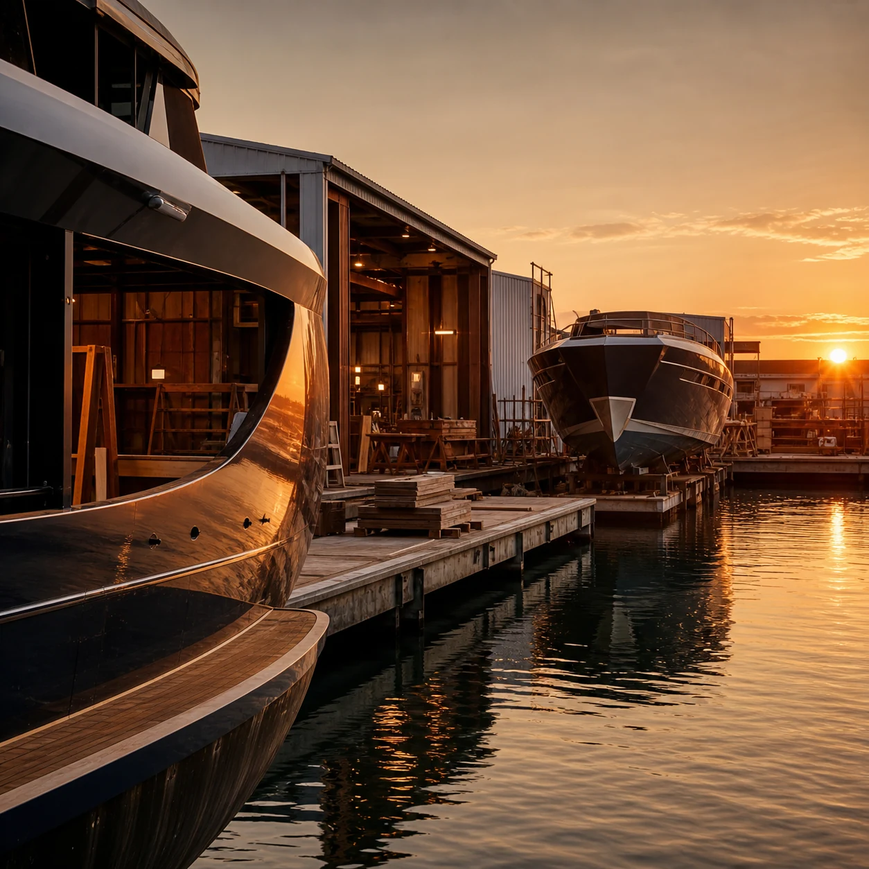 Yacht in allestimento nel distretto nautico di Viareggio al tramonto