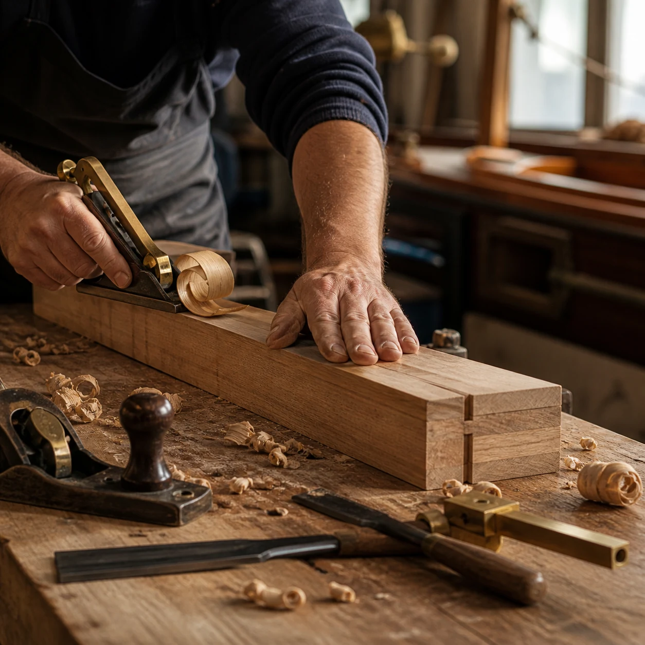 Artigiano al lavoro con pialla tradizionale su un incastro di legno pregiato, laboratorio di falegnameria navale