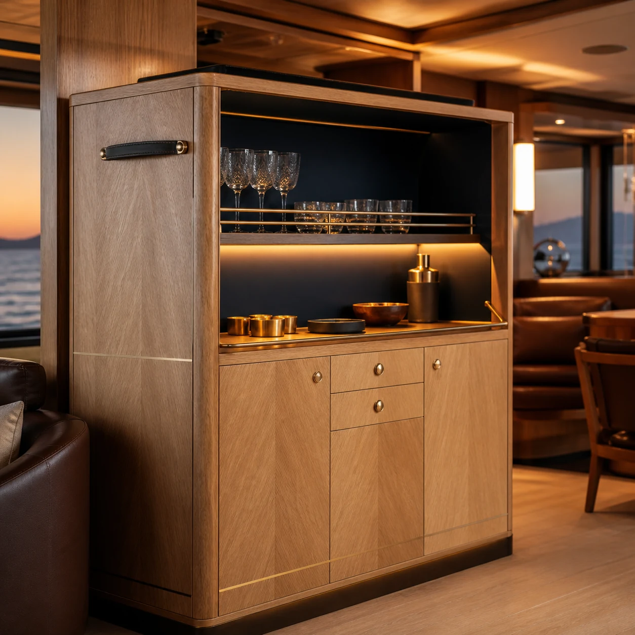 Mobile bar su misura in legno pregiato e ottone per interni di yacht